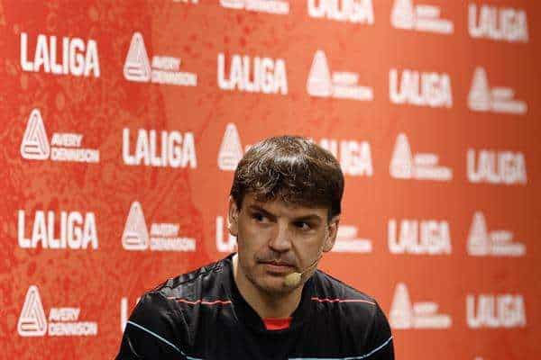 MADRID, 15/06/2023.- El exfutbolista Fernando Morientes participa en la presentación del acuerdo y revelación del distintivo entre LaLiga y Avery Dennison de la nueva temporada y su tecnología inteligente, este jueves en Madrid. EFE/ Sergio Perez