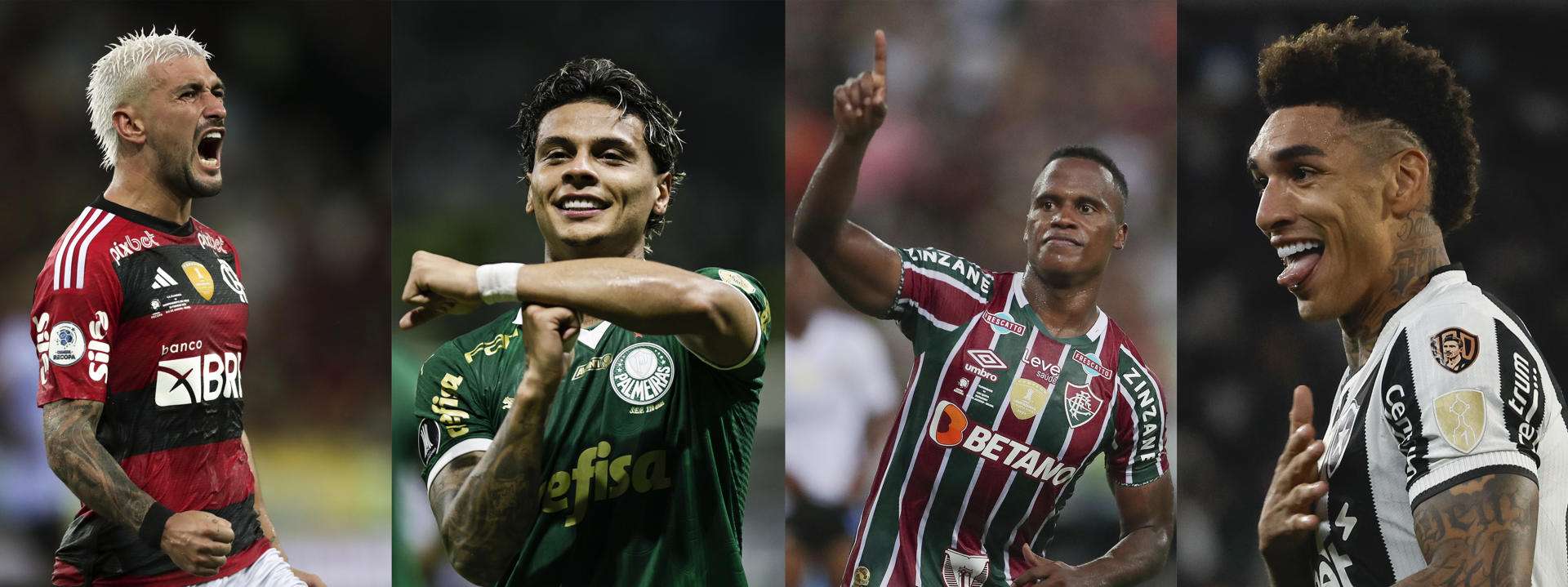 Combo de fotografías que muestra de izquierda a derecha a los jugadores Giorgian De Arrascaeta del Flamengo, Richard Ríos de Palmeiras, Jhon Arias de Fluminense e Igor Jesus de Botafogo. EFE/Andre Coelho/Antonio Lacerda/Isaac Fontana/ARCHIVO