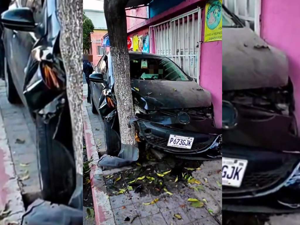 EN VIDEO | Vehículos chocan, uno se da a la fuga, otro queda atrapado en arriate
