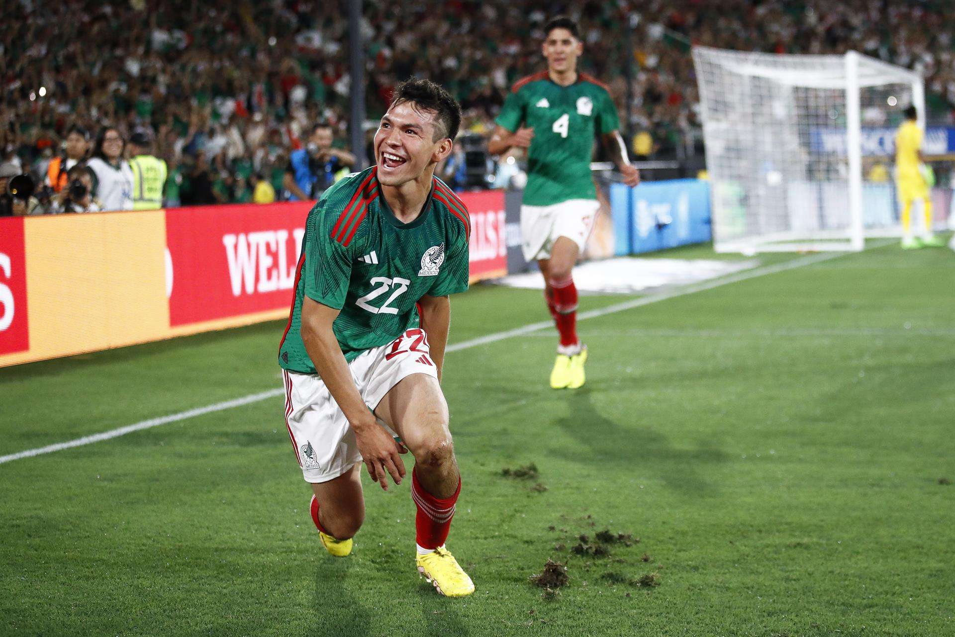 Hirving Lozano de México reacciona después de anotar en un partido de fútbol amistoso ante Perú, disputado en Pasadena, California, el 24 septiembre de 2022. EFE/Caroline Brehman Colombia