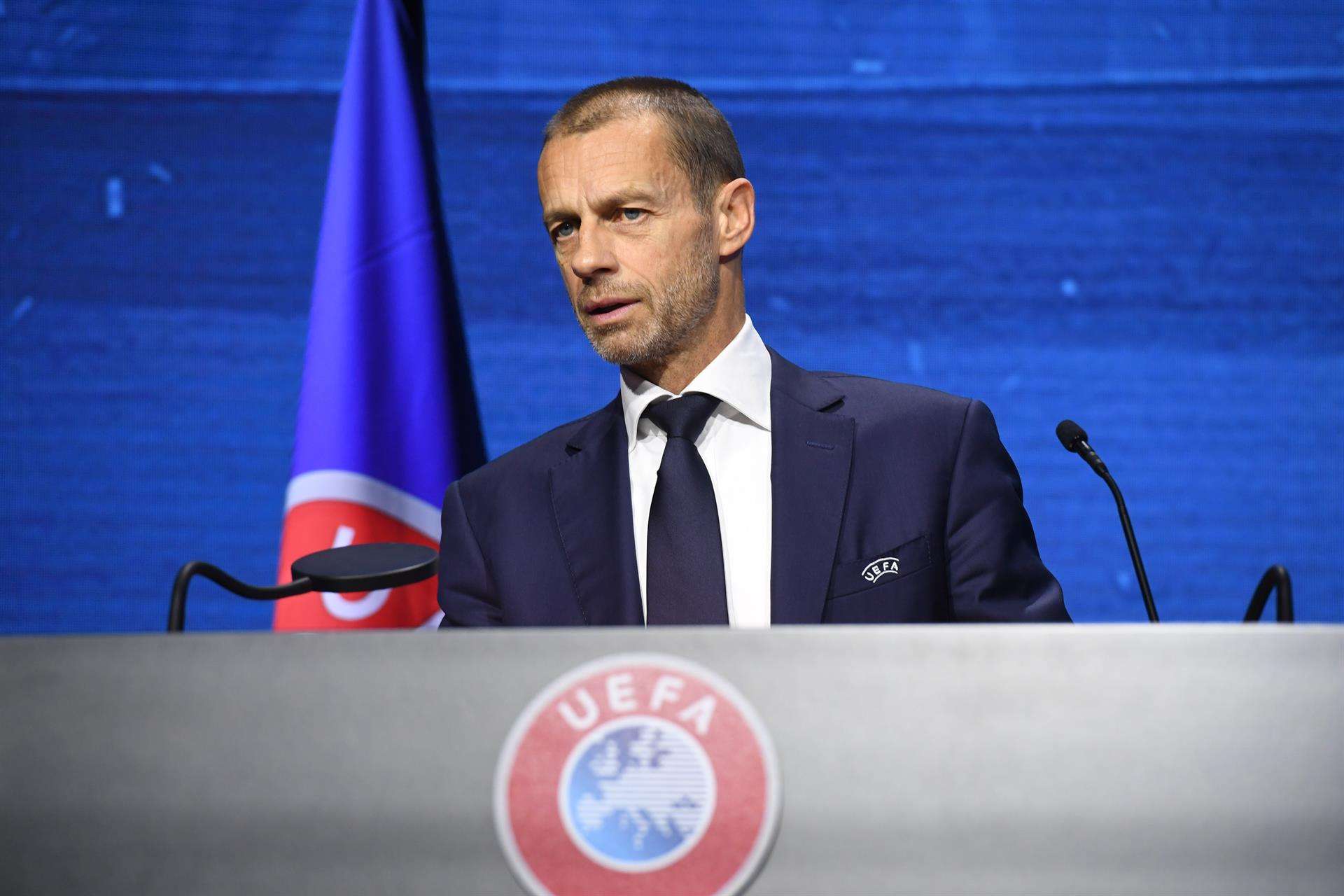 El presidente de la UEFA, el esloveno Aleksander Ceferin, durante el congreso de Montreux, Suiza, en abril de 2021. EFE/EPA/Richard Juilliart/Archivo