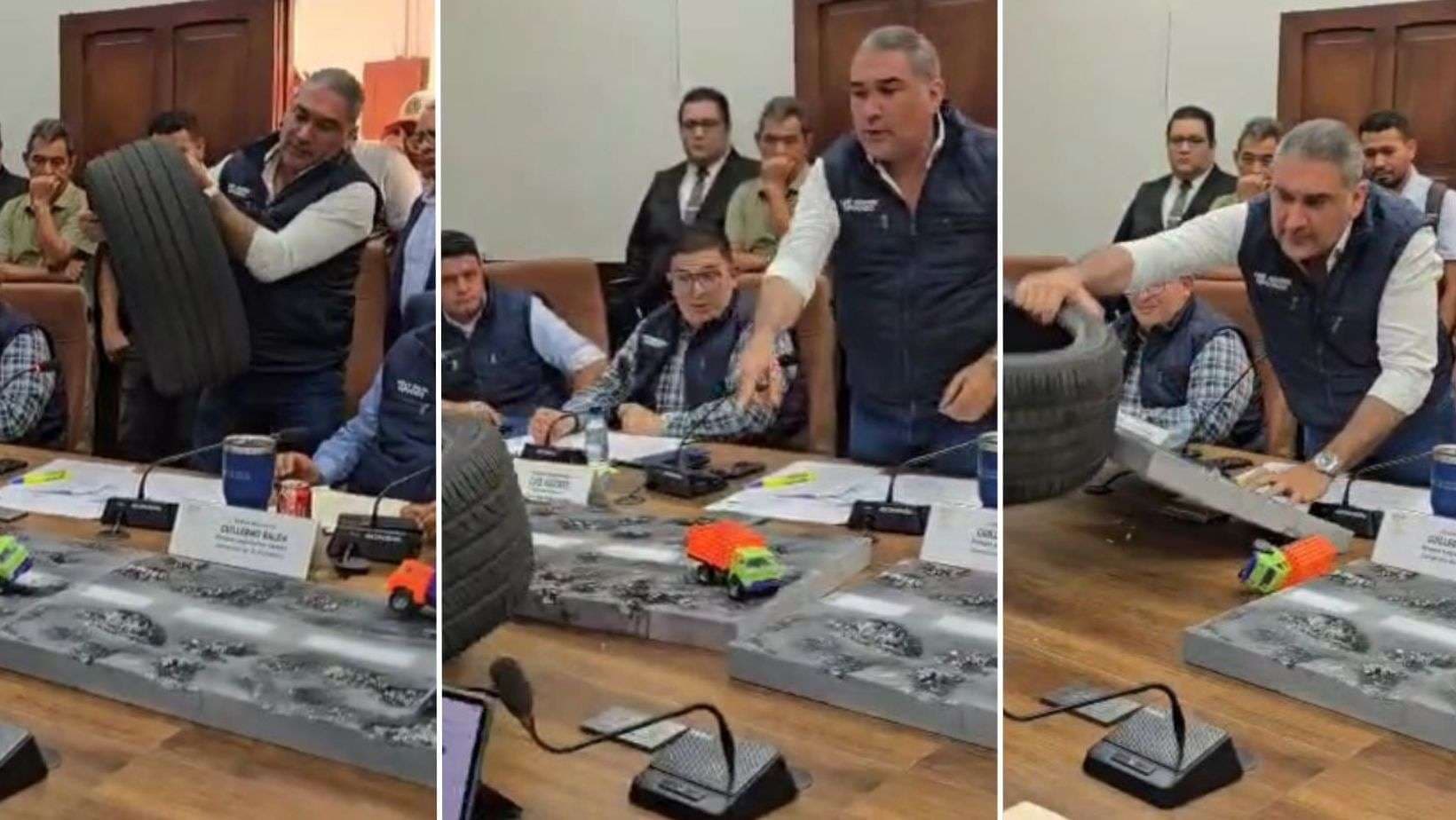 EN VIDEO | “Los baches están arruinando los carros”: diputado lanza una llanta en plena citación al MICIVI