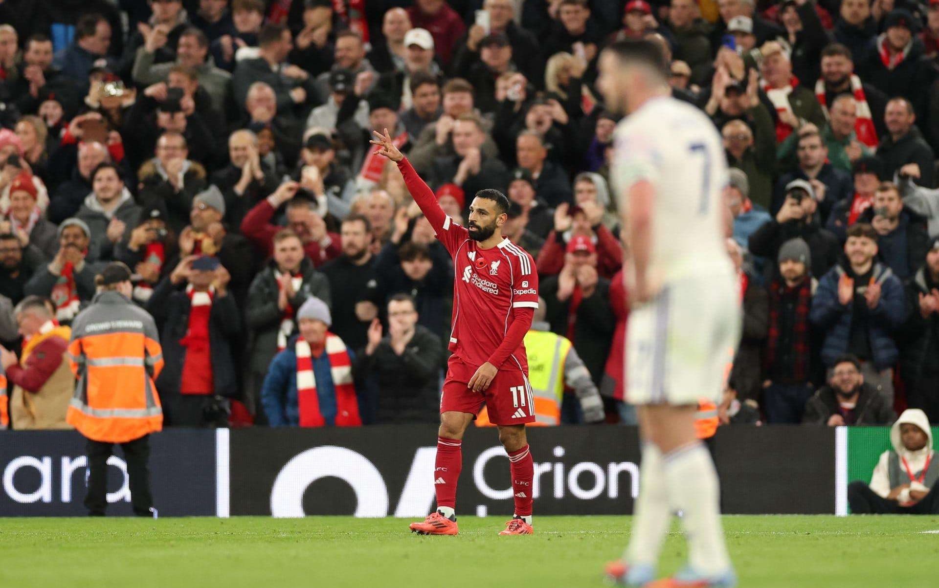El delantero del Liverpool Mohamed Salah celebra el 1-0 durante el partido de la Premier League que han jugado Liverpool FC y Aston Villa FC, en Liverpool, Reino Unido. EFE/EPA/ADAM VAUGHAN
